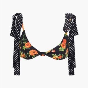 CAROLINE CONSTAS Clem Floral Black Polka Dot Tie Bow Shoulder Bikini Swim Top
